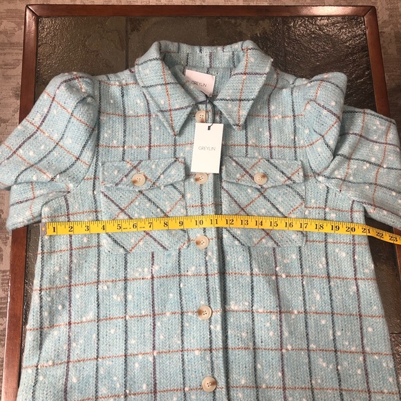 NWT Greylin Sammy Puff Sleeve Shacket Powder Blue Check Print Size L Wool Blend - Picture 15 of 16